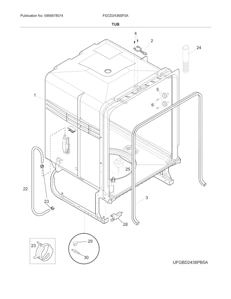 Tub Diagram and Parts List for FGCD2436SF0A  Frigidaire Dishwasher