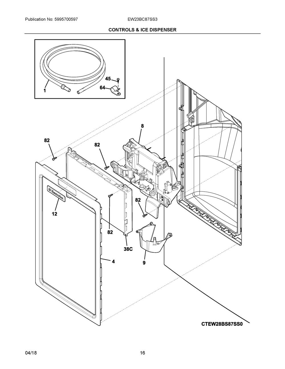 Controls & Ice Dispenser Diagram and Parts List for EW23BC87SS3  Frigidaire Refrigerator