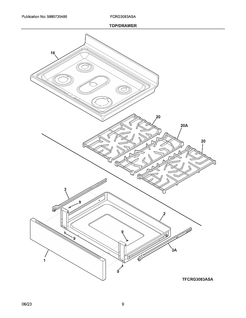 Top/Drawer Diagram and Parts List for FCRG3083ASA  Frigidaire Range
