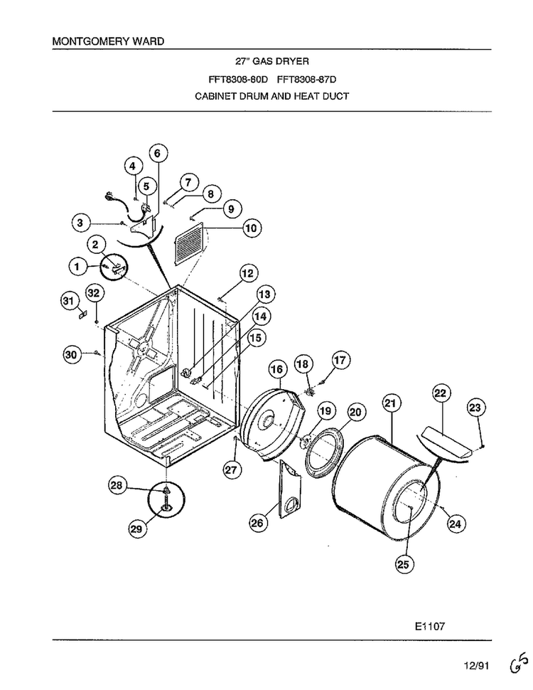 Gas Dryer-cabinet Drum And Heat Duct Diagram and Parts List for 8308-80D  Frigidaire Dryer