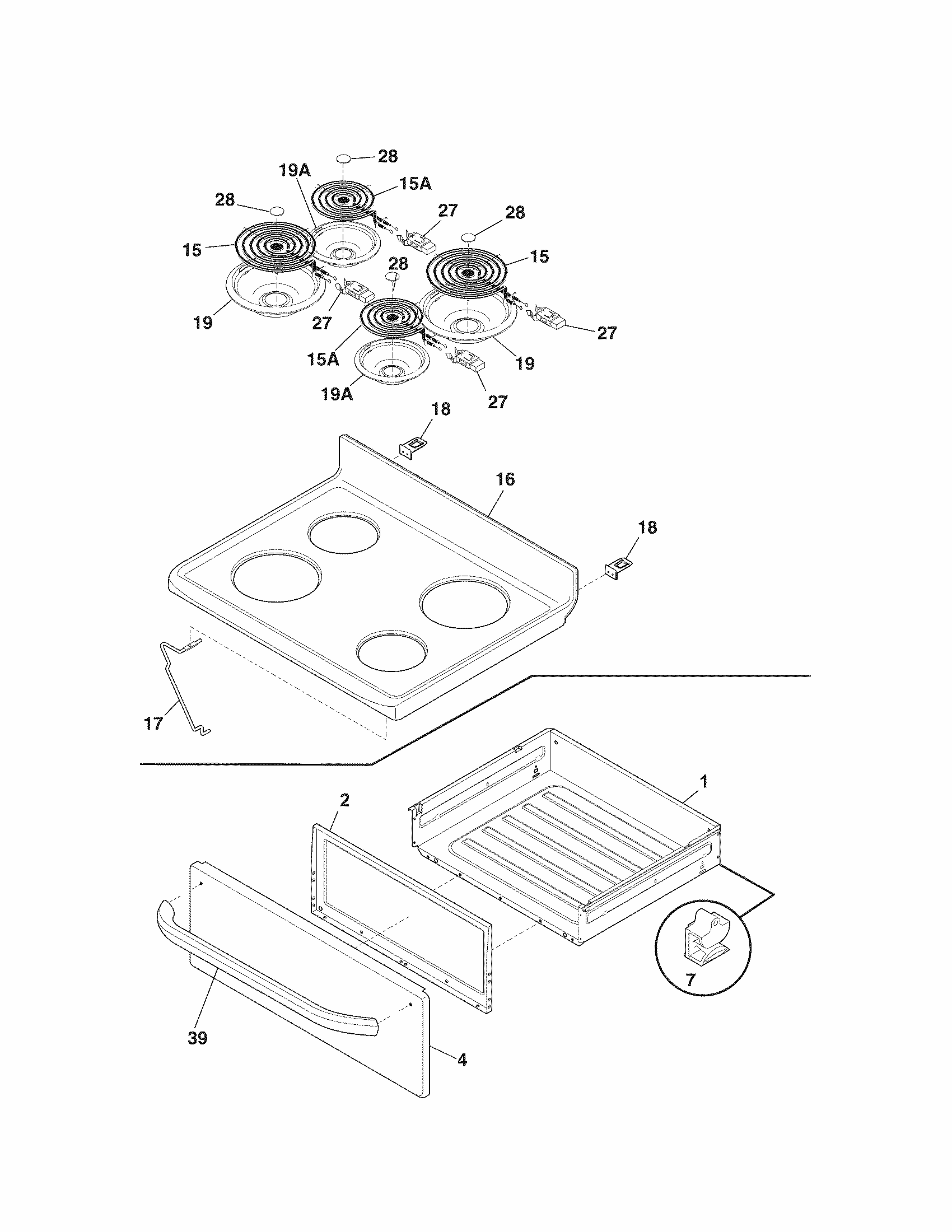 Top/drawer Diagram and Parts List for 79093003310  Kenmore Range
