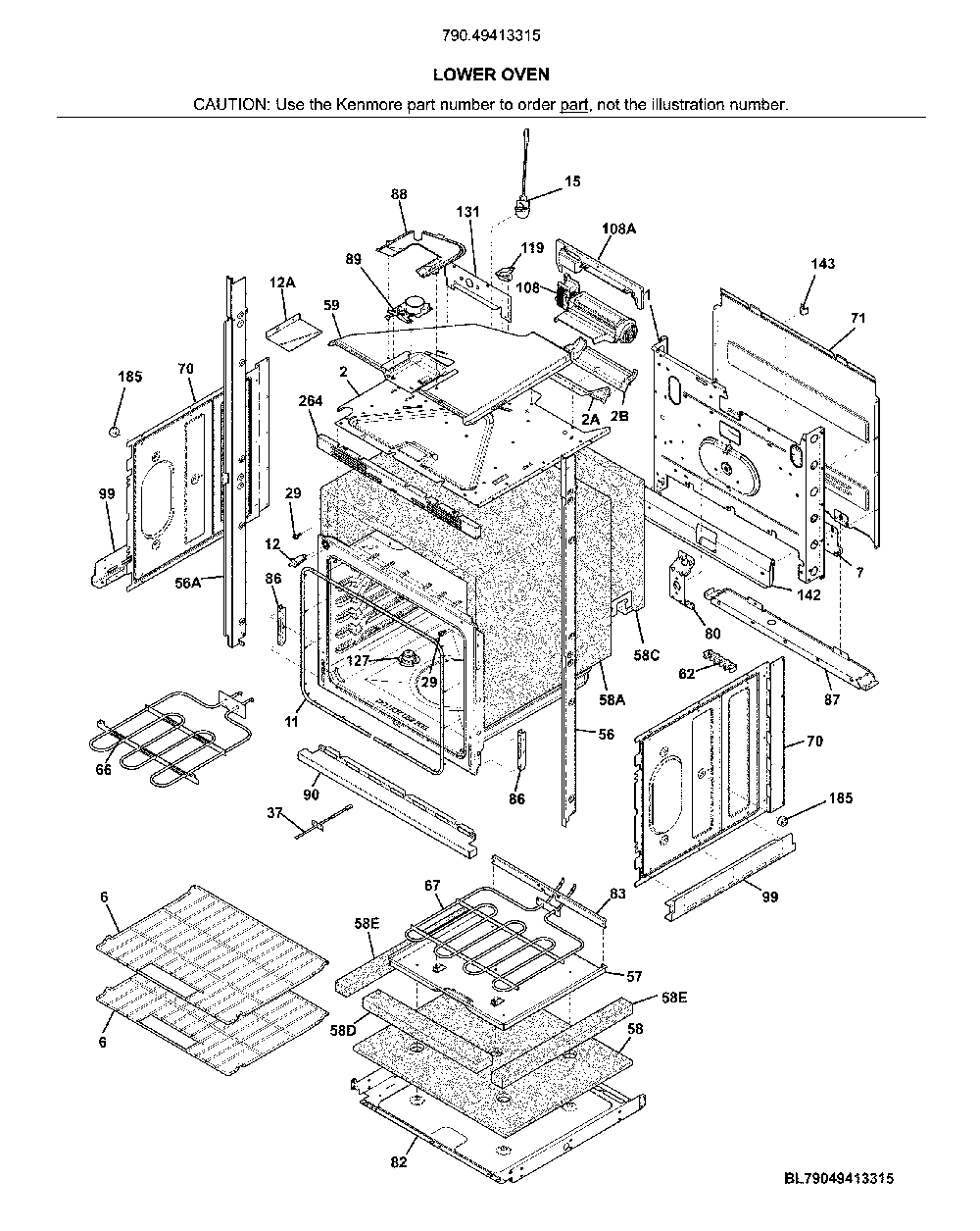 Lower oven Diagram and Parts List for 79049413315  Kenmore Wall Oven
