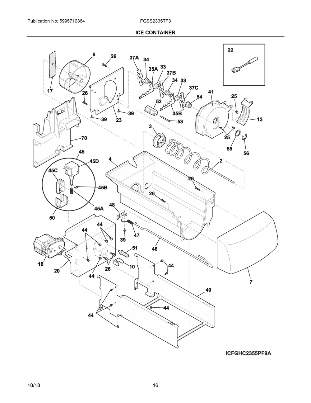 Ice Container Diagram and Parts List for FGSS2335TF3  Frigidaire Refrigerator