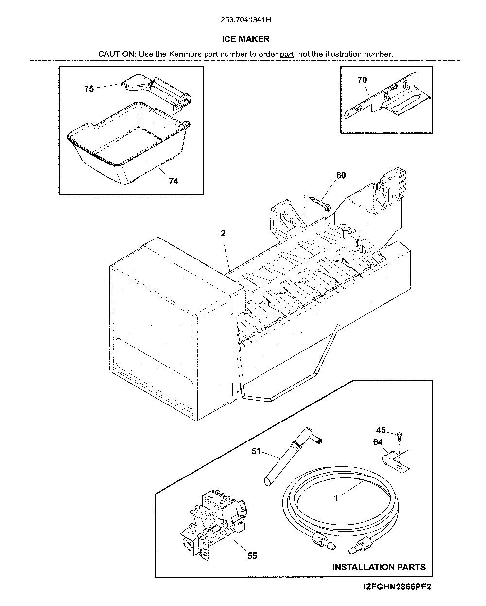 Ice maker Diagram and Parts List for 2537041341H  Kenmore Refrigerator