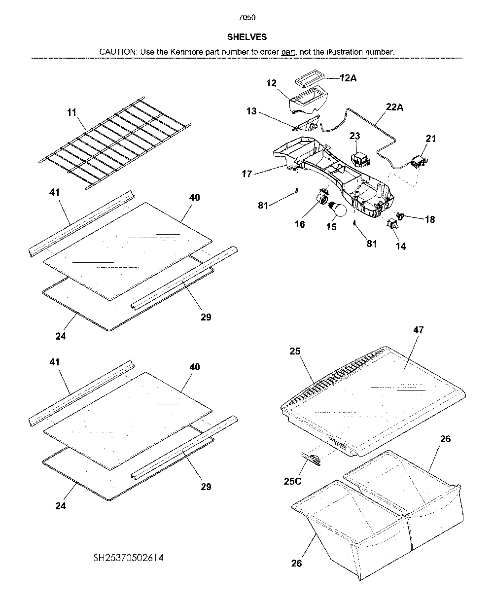 Shelves Diagram and Parts List for 2537050261A  Kenmore Refrigerator