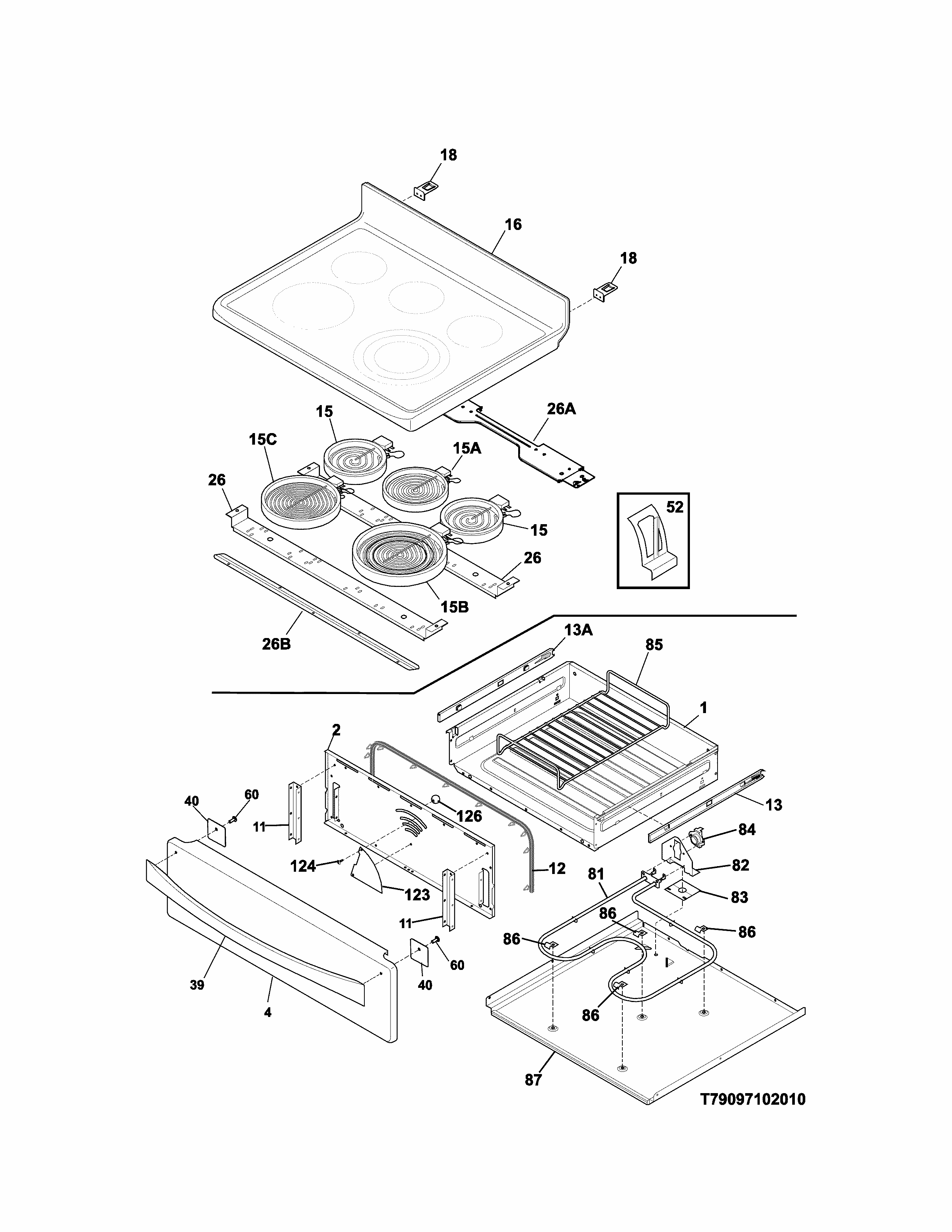 Top/drawer Diagram and Parts List for 79095052311  Kenmore Range