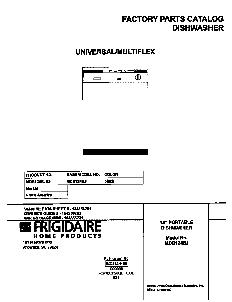 COVER Diagram and Parts List for MDB124BJB0  Frigidaire Dishwasher