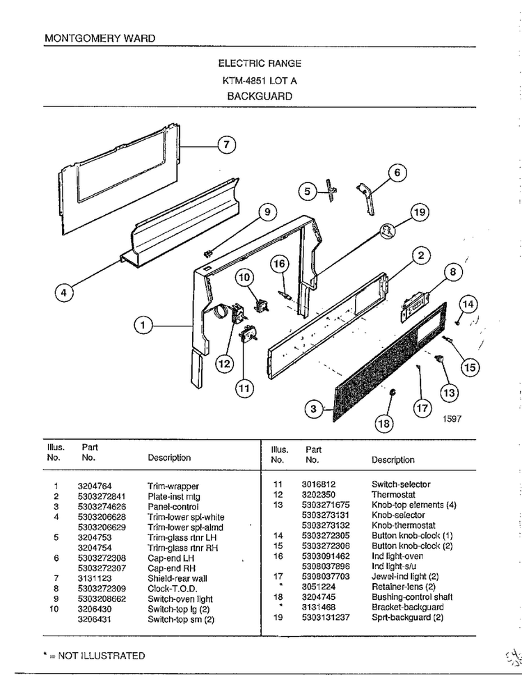 Backguard Page 2 Diagram and Parts List for 4851A  Frigidaire Range