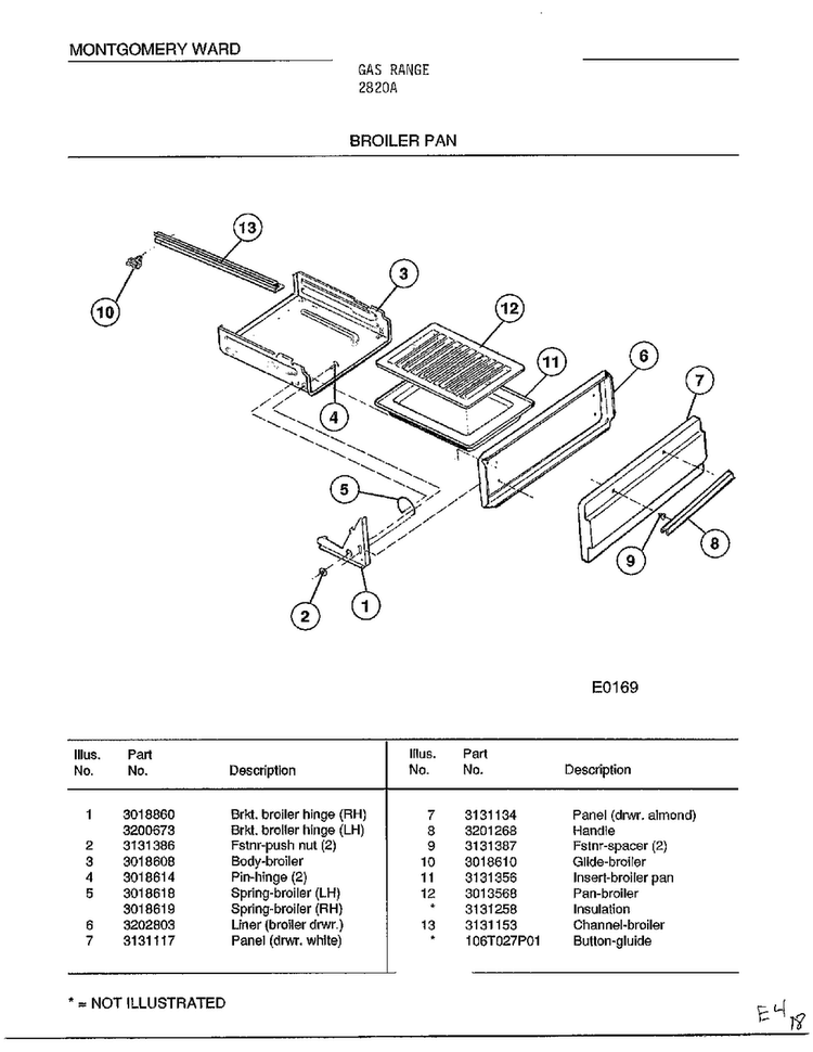 Broiler Pan Diagram and Parts List for 2820A  Frigidaire Range