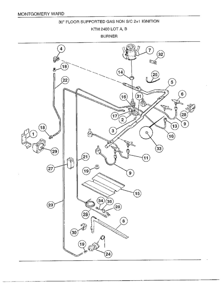 30" Burner Diagram and Parts List for 2450C  Frigidaire Range