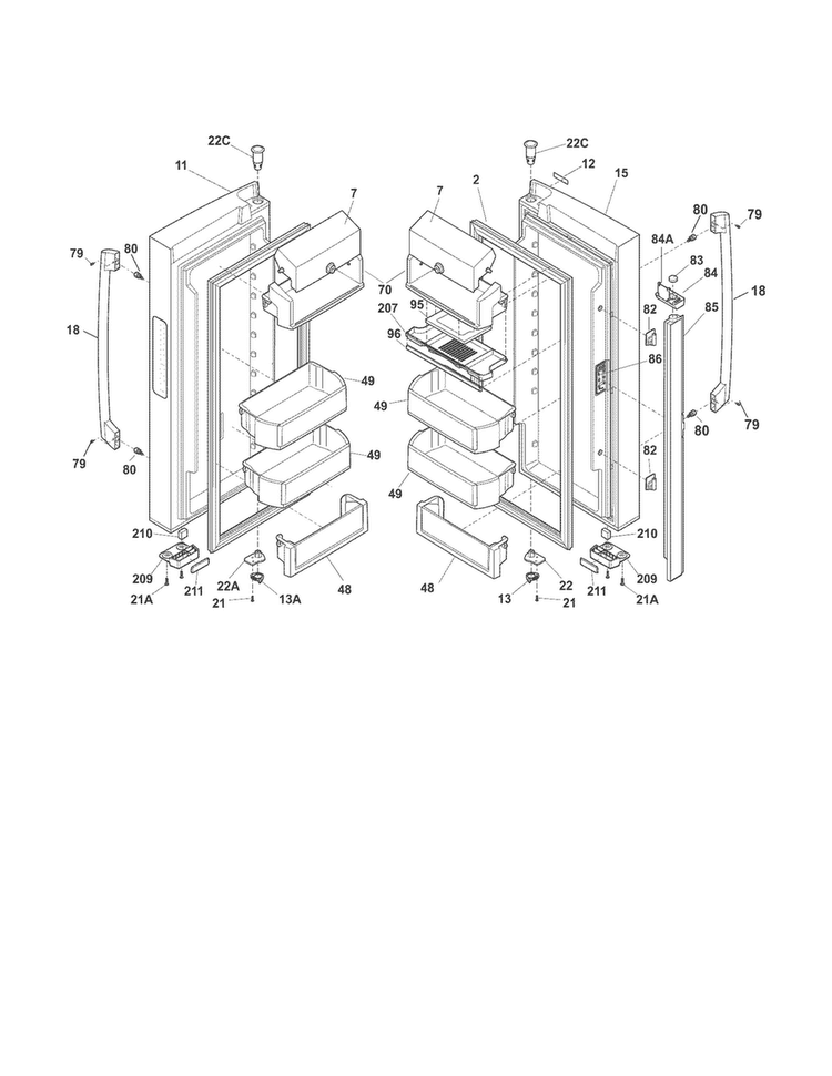 Fresh Food Doors Diagram and Parts List for EI27BS16JB8  Electrolux Refrigerator