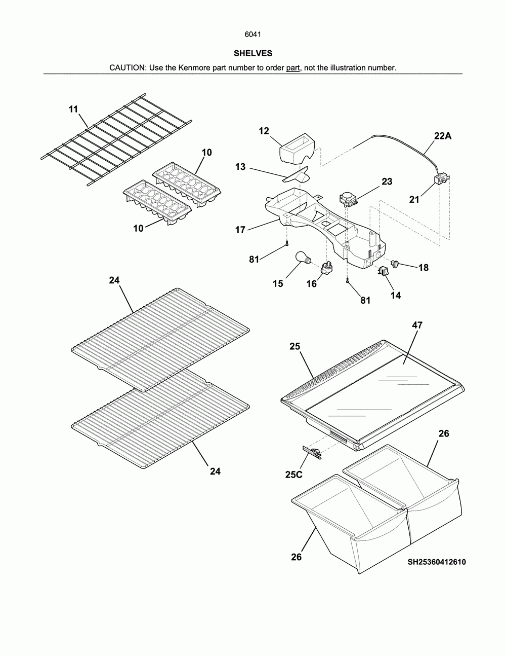 Shelves Diagram and Parts List for 25360419614  Kenmore Refrigerator