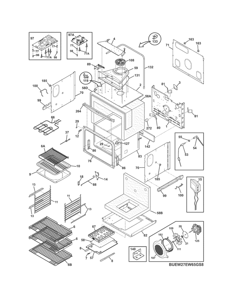 Upper Oven Diagram and Parts List for EW27EW65GS9  Electrolux Wall Oven