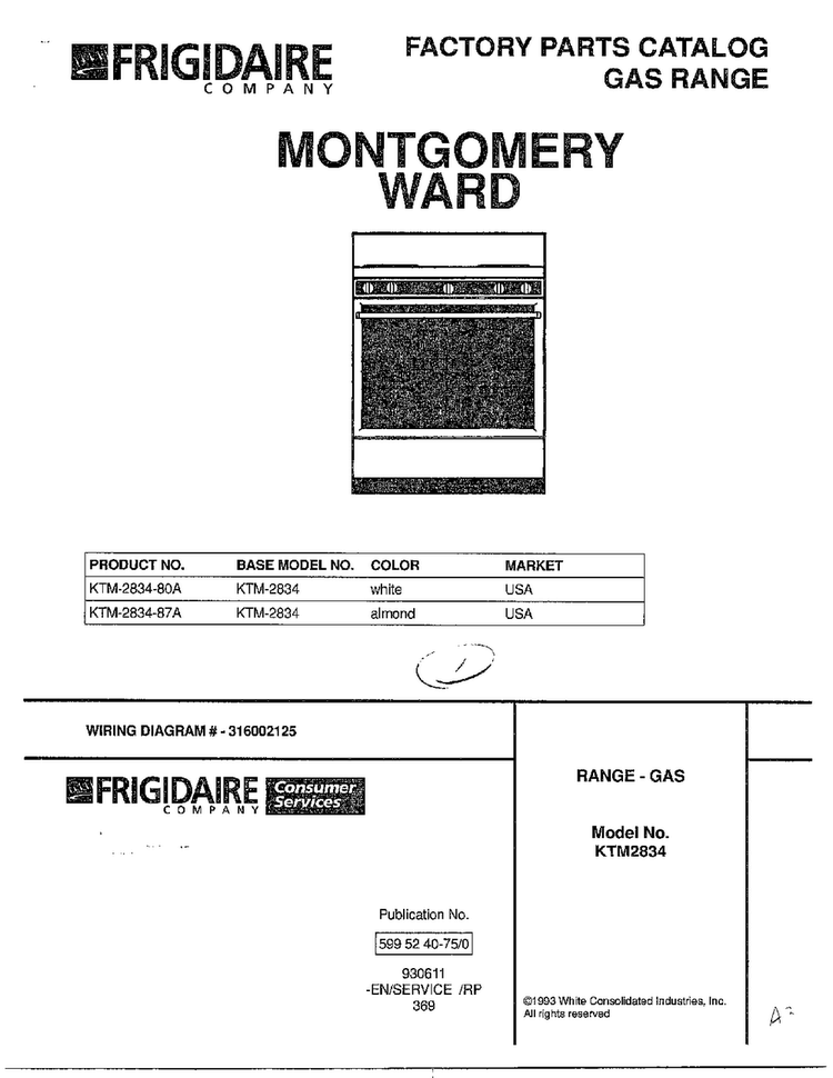 Front Page Diagram and Parts List for 2834-80A  Frigidaire Range