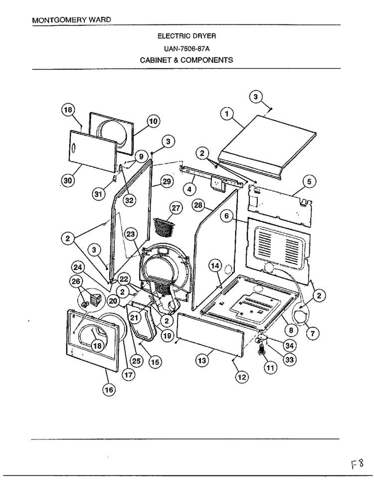 Cabinet And Components Diagram and Parts List for 7506-87A  Frigidaire Dryer