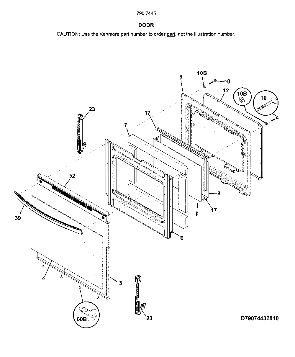 Door Diagram and Parts List for 79074459810  Kenmore Range