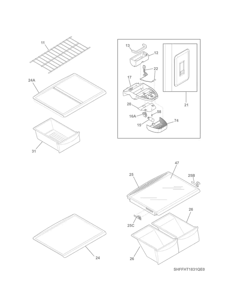 Shelves Diagram and Parts List for 25360609412  Kenmore Refrigerator