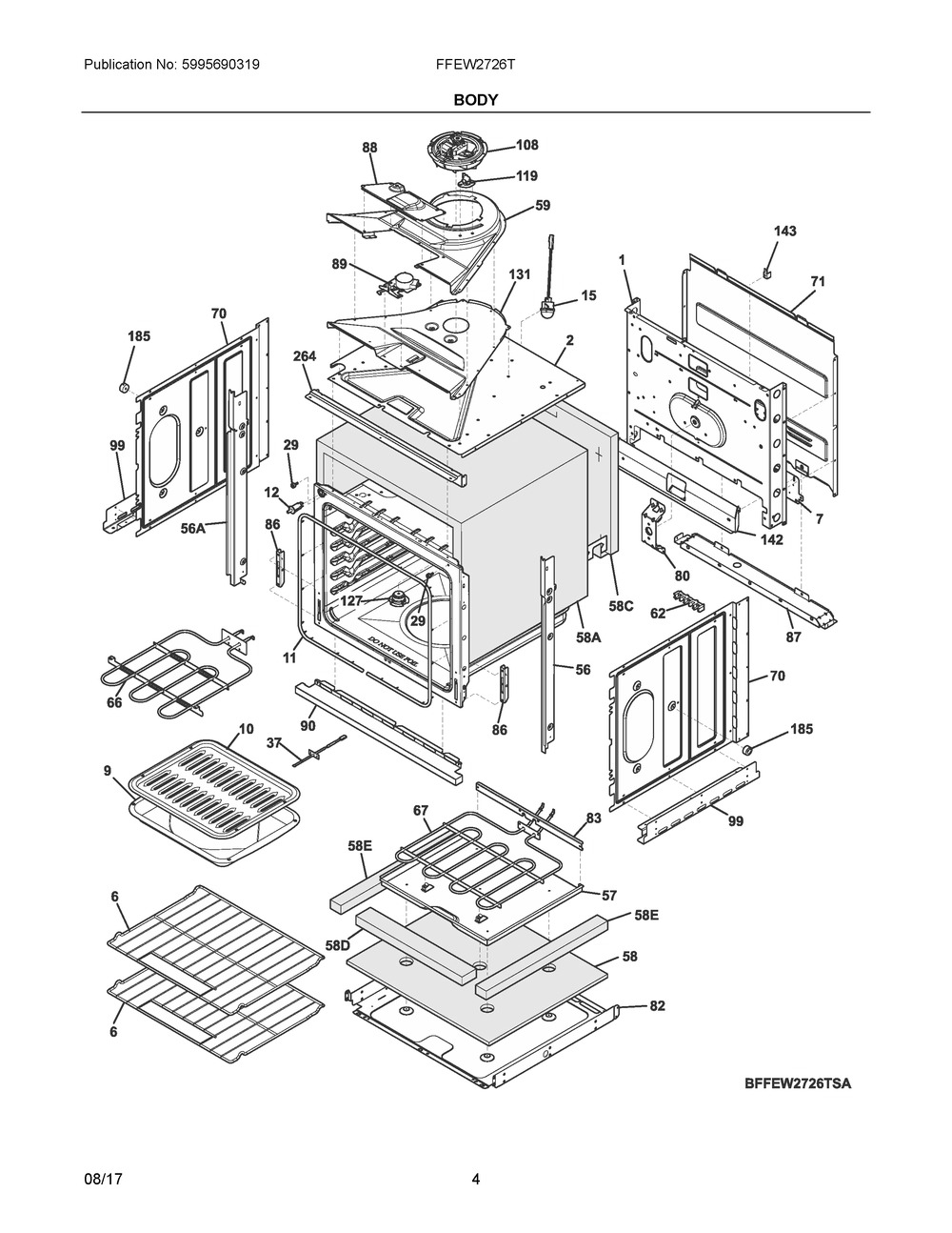 Body Diagram and Parts List for FFEW2726TBA  Frigidaire Wall Oven