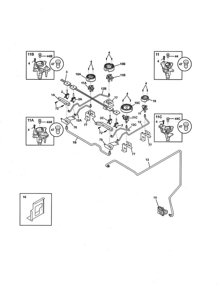 Burner Diagram and Parts List for CGDS3065PFD  Frigidaire Range