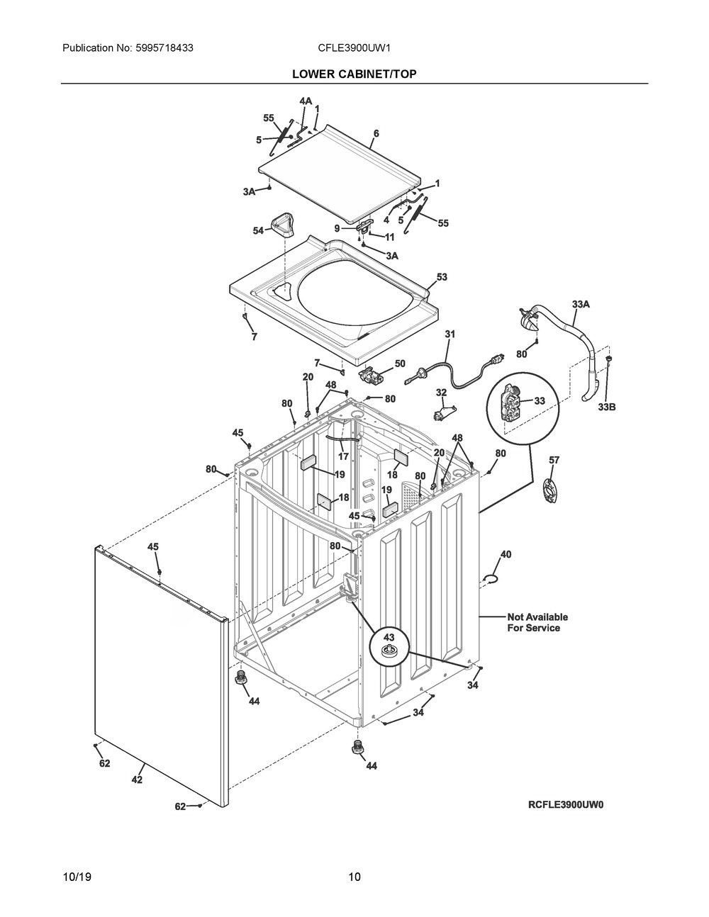 Lower Cabinet/top Diagram and Parts List for CFLE3900UW1  Frigidaire Dryer