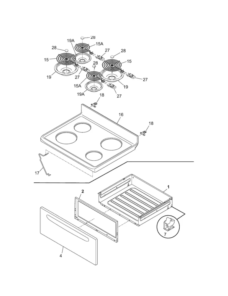 Top / Drawer Diagram and Parts List for 79090912403  Kenmore Range