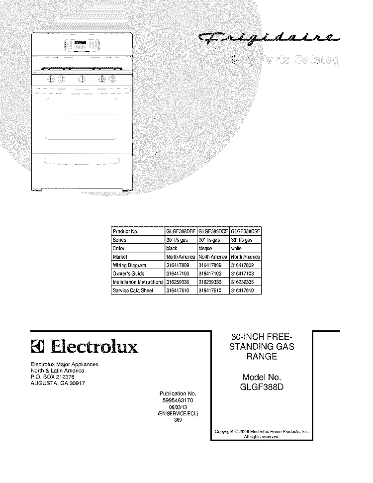 COVER Diagram and Parts List for GLGF388DBF  Frigidaire Range