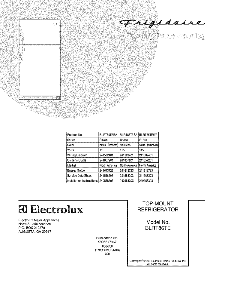 COVER Diagram and Parts List for BLRT86TEBA  Frigidaire Refrigerator