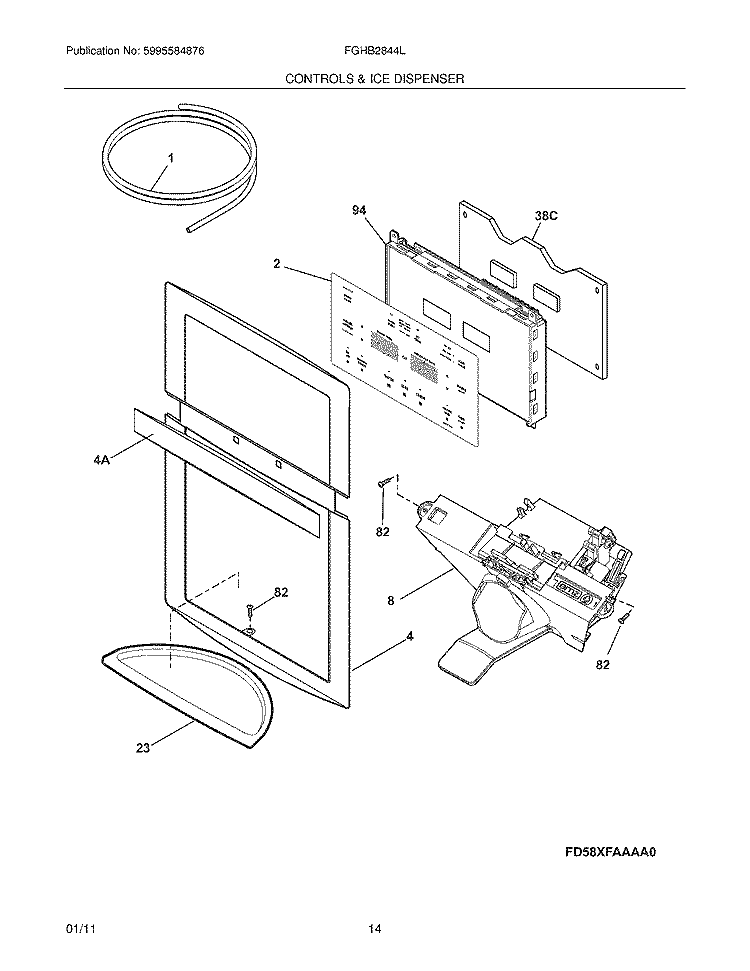 CONTROLS & ICE DISPENSER Diagram and Parts List for FGHB2844LE5  Frigidaire Refrigerator