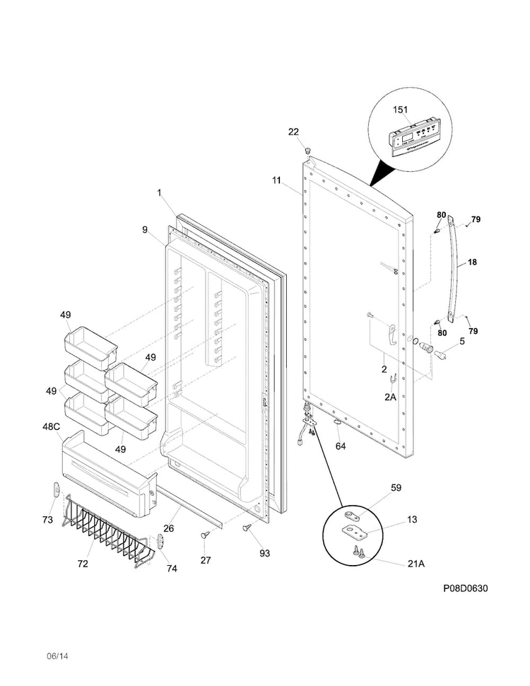 Door Diagram and Parts List for GLFH21F8HBN  Frigidaire Freezer