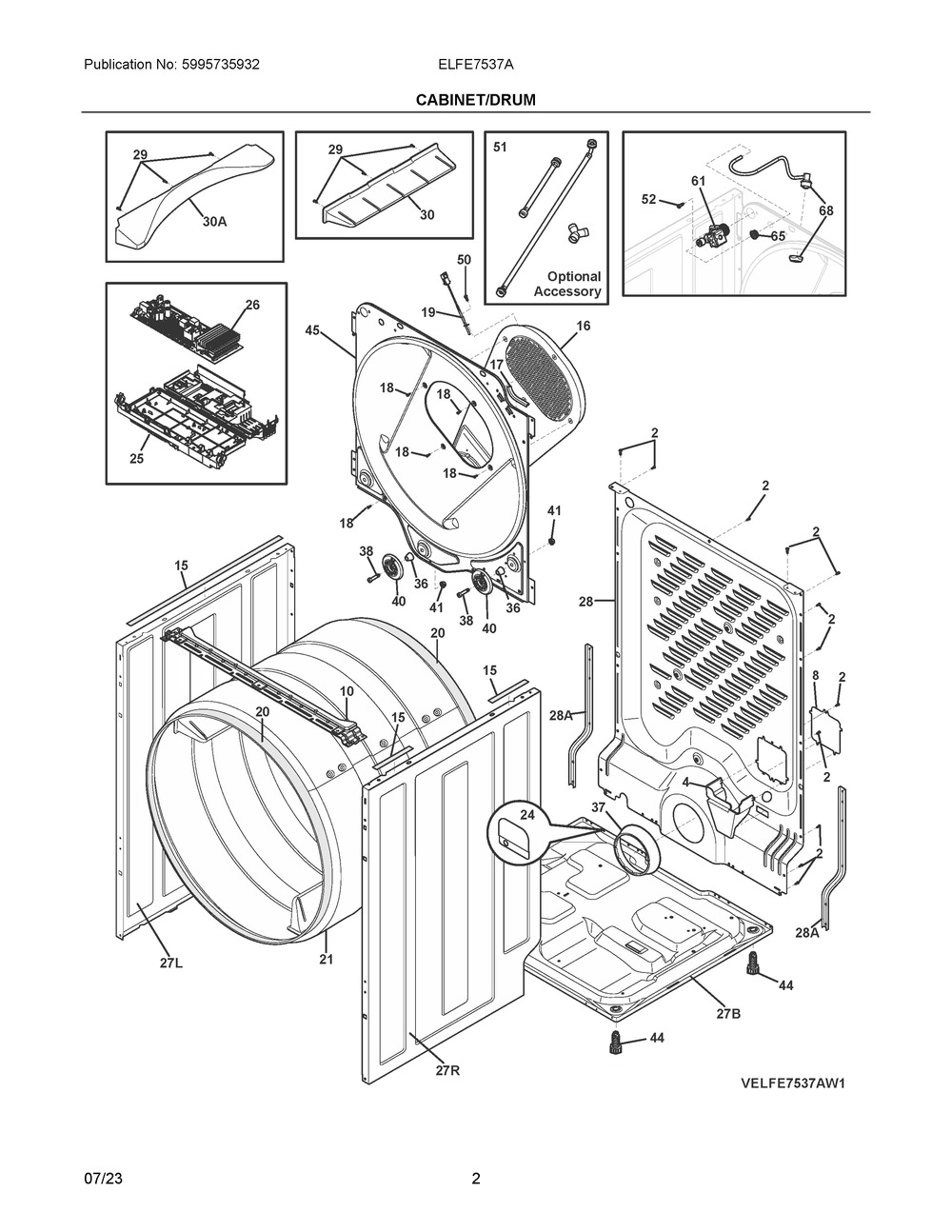 Cabinet/Drum Diagram and Parts List for ELFE7537AT1  Frigidaire Dryer