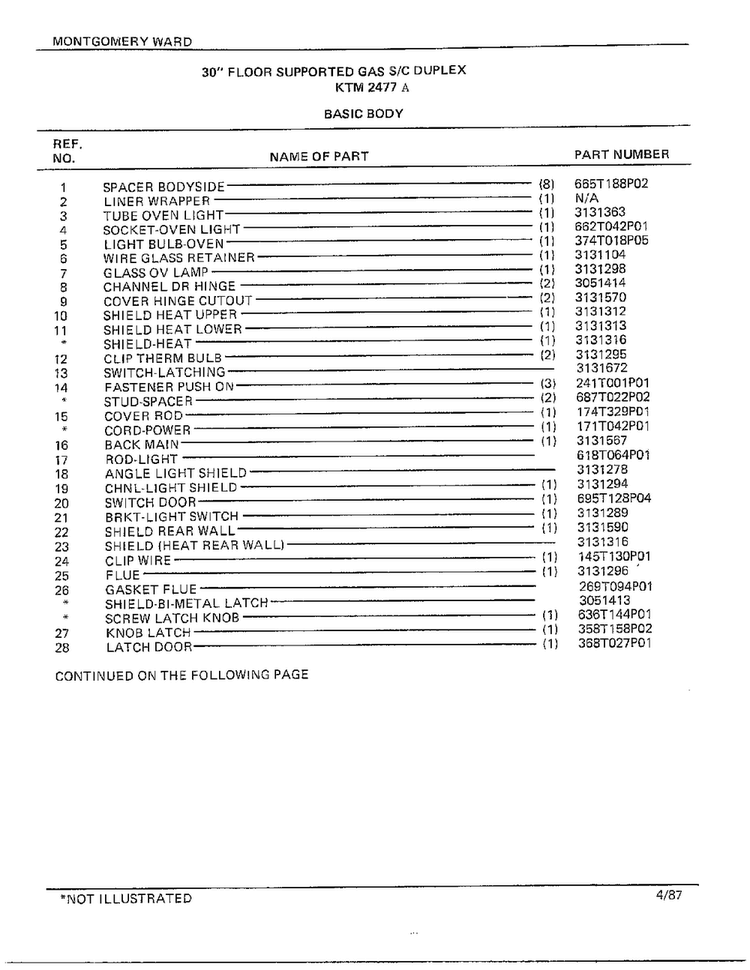 30" Floor/basic Body Page 2 Diagram and Parts List for 2477A  Frigidaire Range
