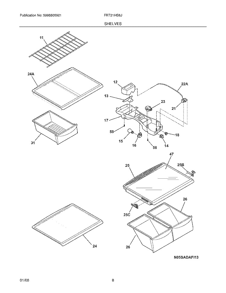 SHELVES Diagram and Parts List for FRT21HS6JW0  Frigidaire Refrigerator