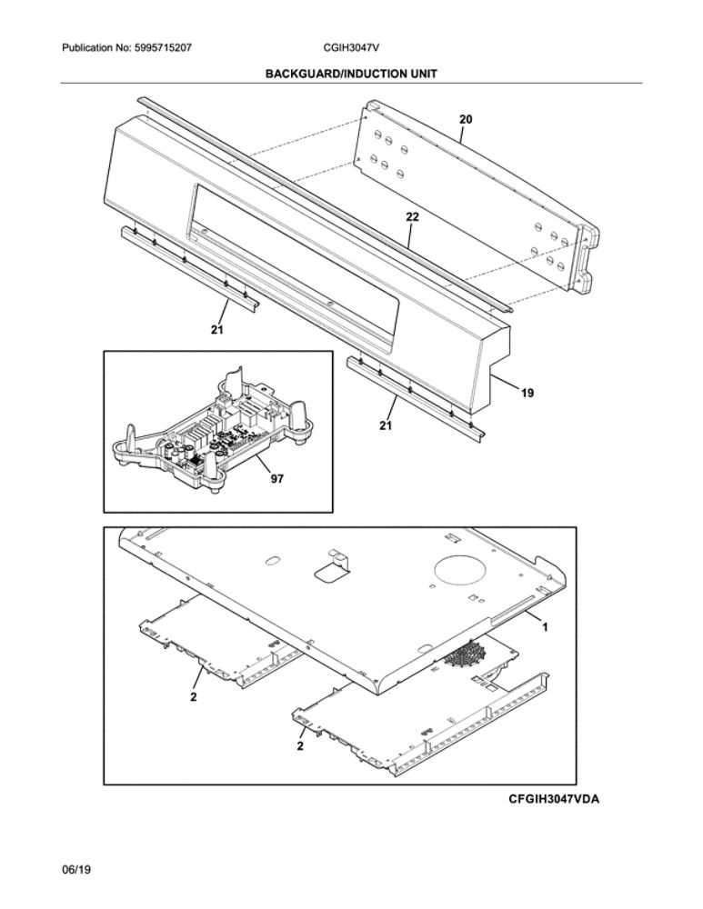 Backguard/Induction Unit Diagram and Parts List for CGIH3047VDA  Frigidaire Range