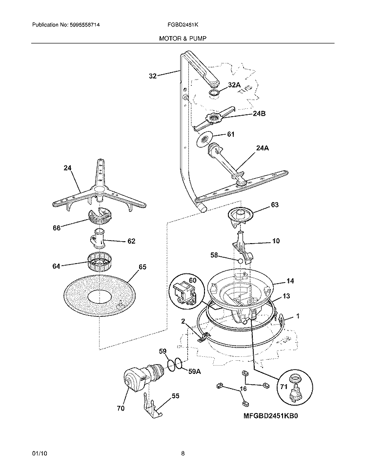 MOTOR & PUMP Diagram and Parts List for FGBD2451KF1  Frigidaire Dishwasher