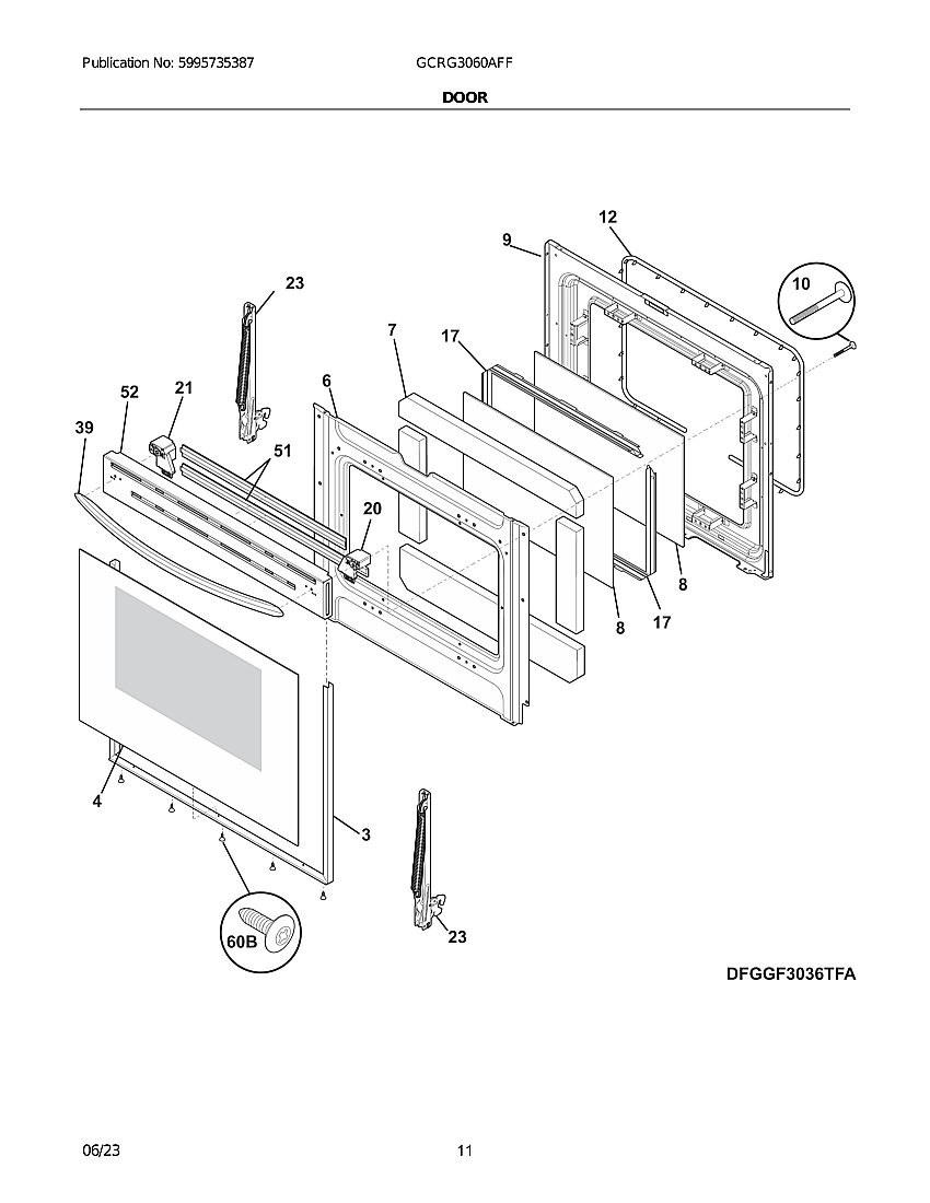 Door Diagram and Parts List for GCRG3060AFF  Electrolux Range