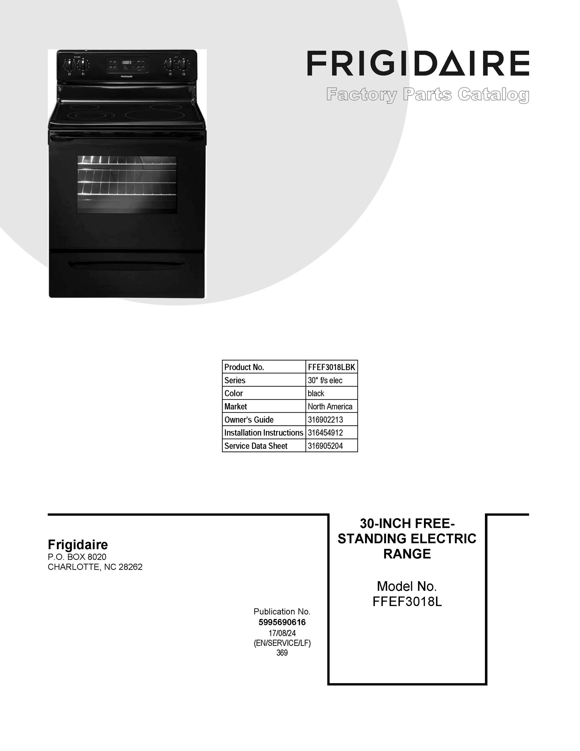 01 - COVER SHEET Diagram and Parts List for FFEF3018LBK  Frigidaire Range