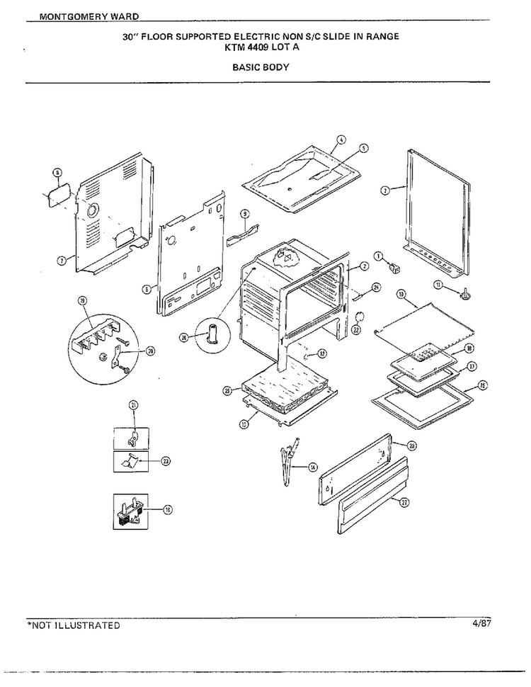 30" Floor Supported Basic Body Diagram and Parts List for 4409A  Frigidaire Range