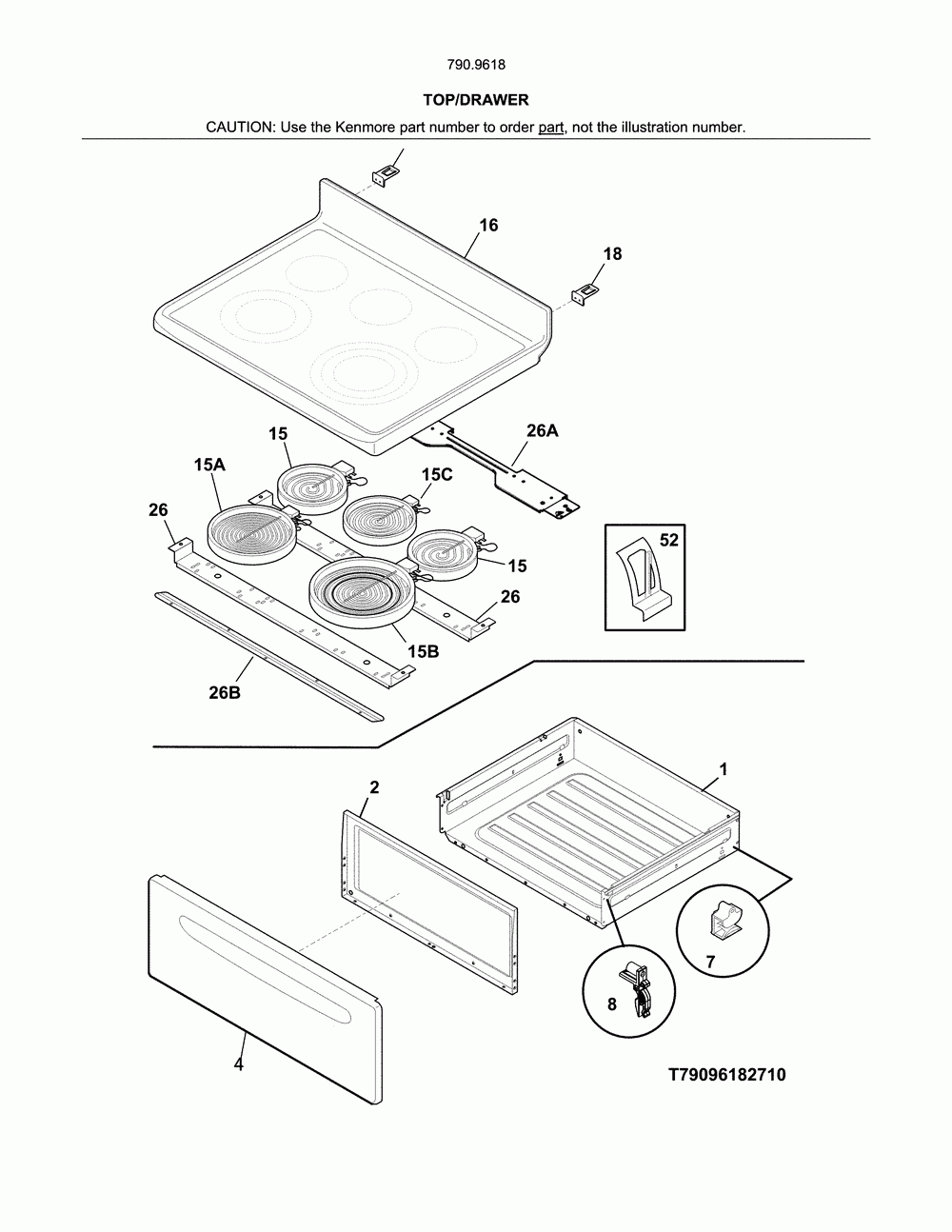 Top/drawer Diagram and Parts List for 79096189712  Kenmore Range