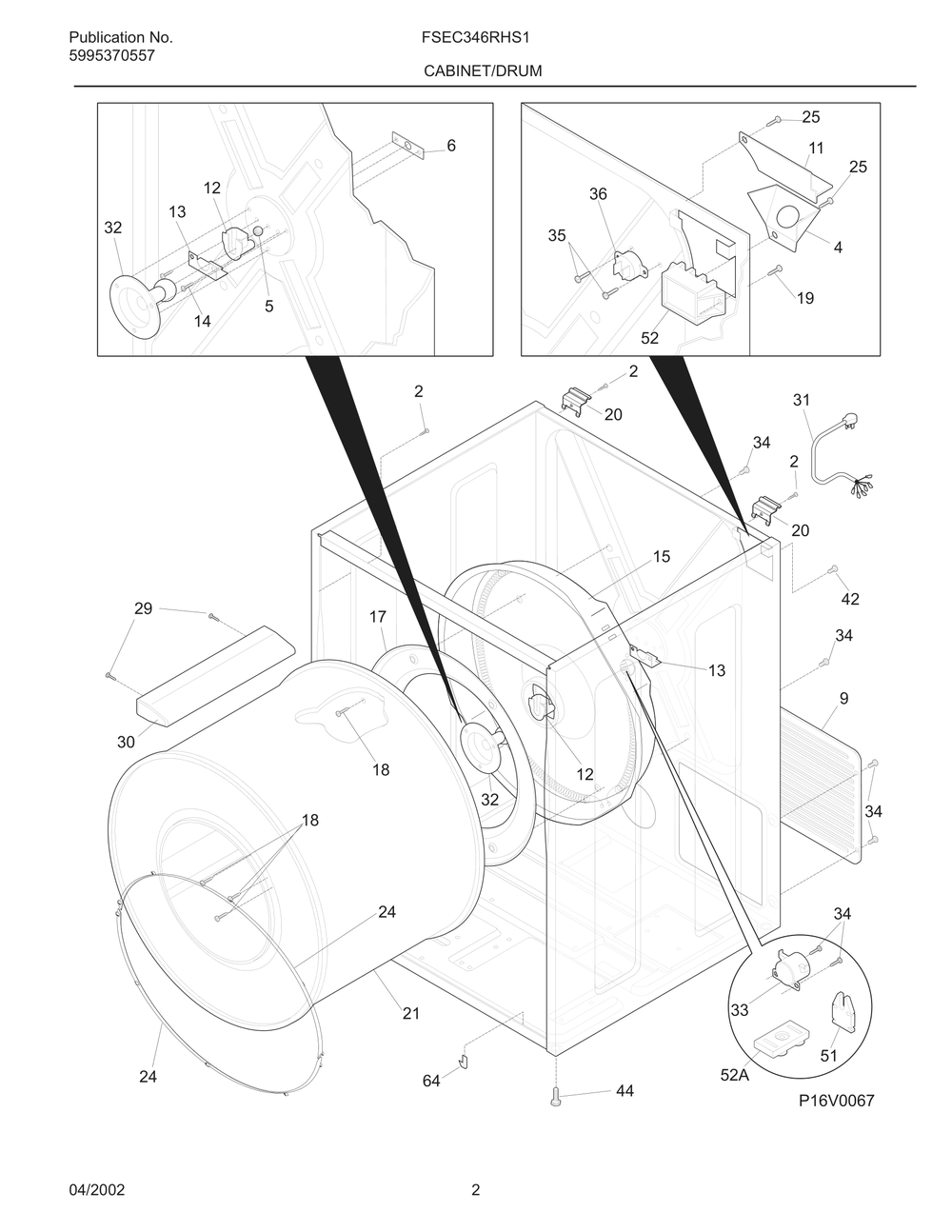 Cabinet/Drum Diagram and Parts List for FSEC346RHS1  Frigidaire Dryer