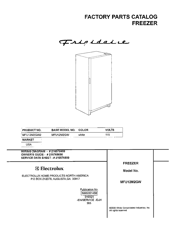 COVER Diagram and Parts List for MFU12M2GW2  Frigidaire Freezer