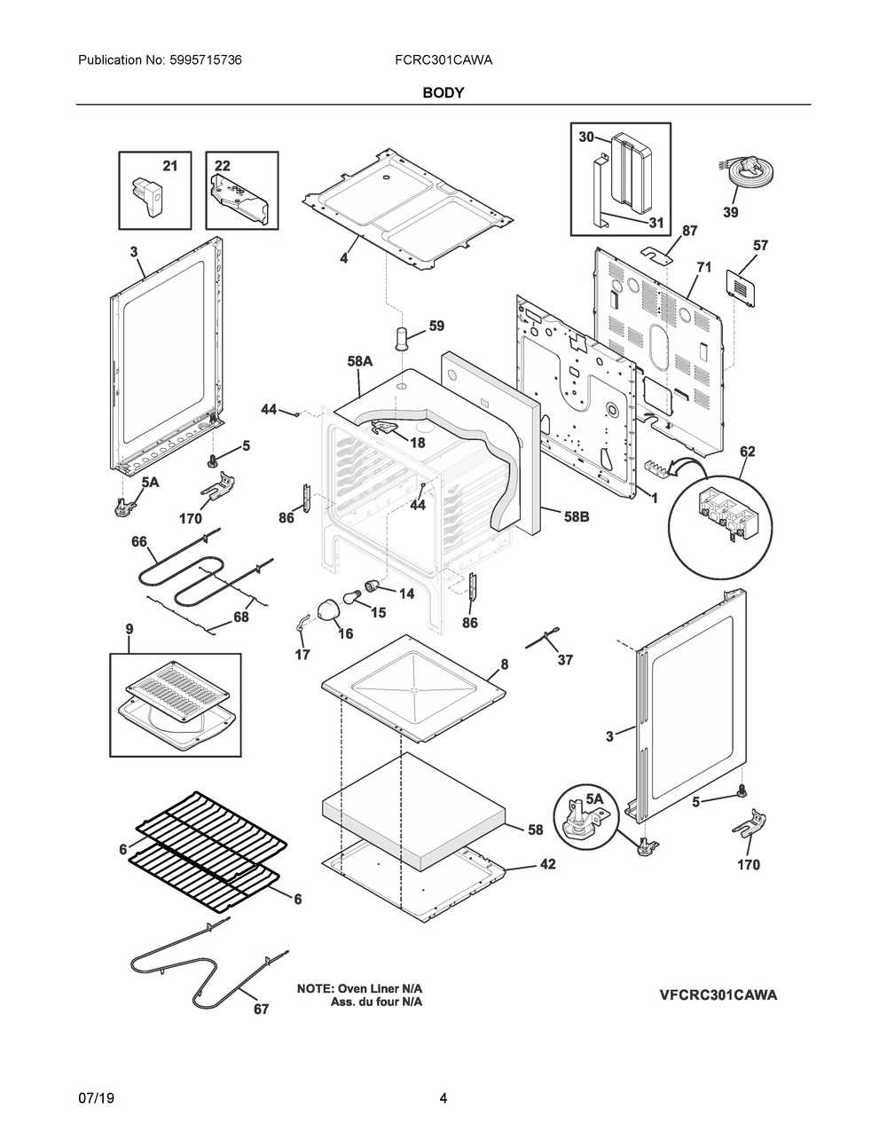 Body Diagram and Parts List for FCRC301CAWA  Frigidaire Range