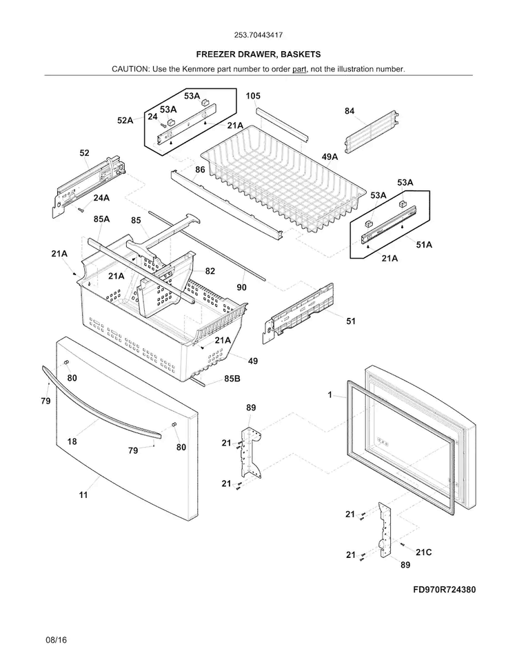 Freezer Drawer, Baskets Diagram and Parts List for 25370443417  Kenmore Refrigerator
