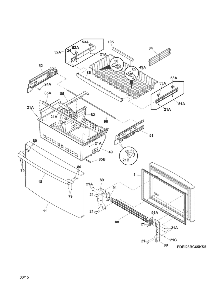 Freezer Drawer, Baskets Diagram and Parts List for EI23BC60KS4A  Electrolux Refrigerator