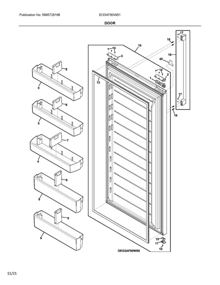 Door Diagram and Parts List for EI33AF80WS1  Frigidaire Freezer