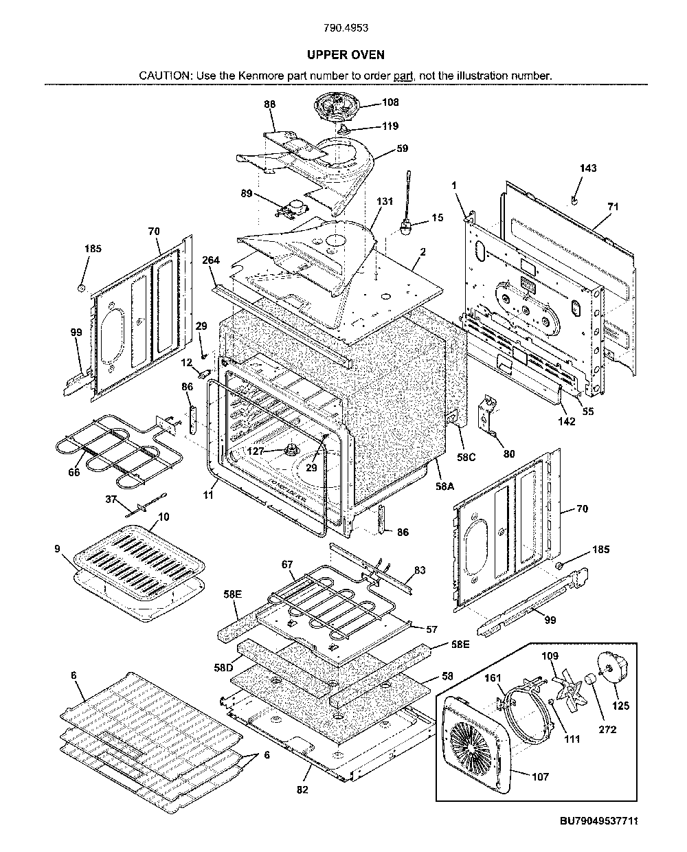 Upper oven Diagram and Parts List for 79049532317  Kenmore Wall Oven