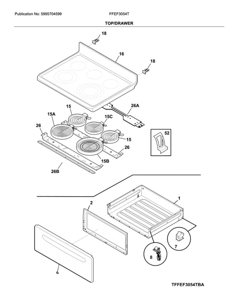 Top/Drawer Diagram and Parts List for FFEF3054TBF  Frigidaire Range