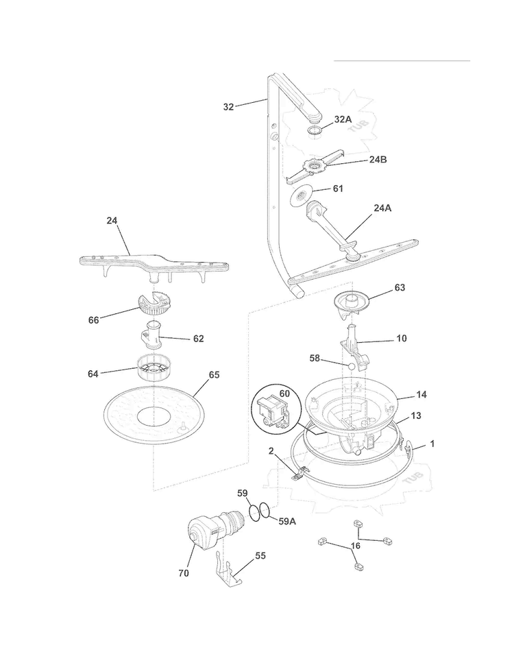 Motor & Pump Diagram and Parts List for FFBD2404NQ0A  Frigidaire Dishwasher