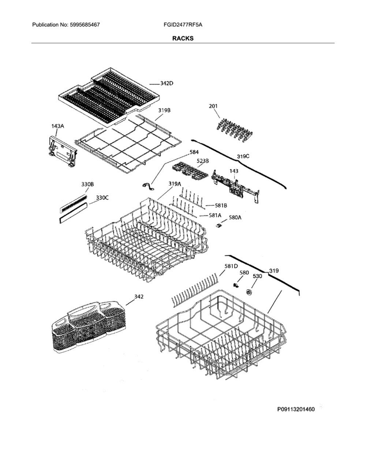 Racks Diagram and Parts List for FGID2477RF5A  Frigidaire Dishwasher