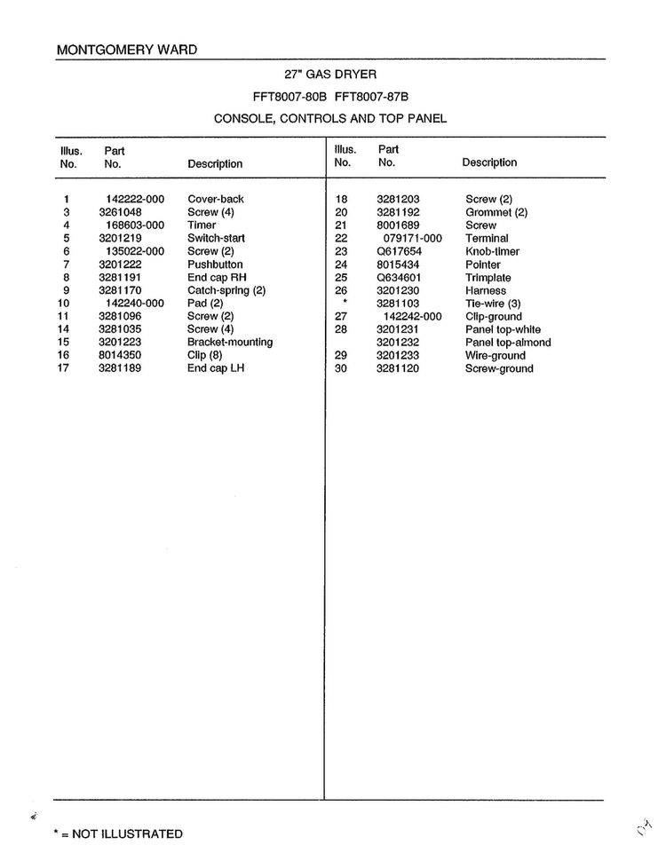 Console/controls And Top Panel Page 2 Diagram and Parts List for 8007B  Frigidaire Dryer