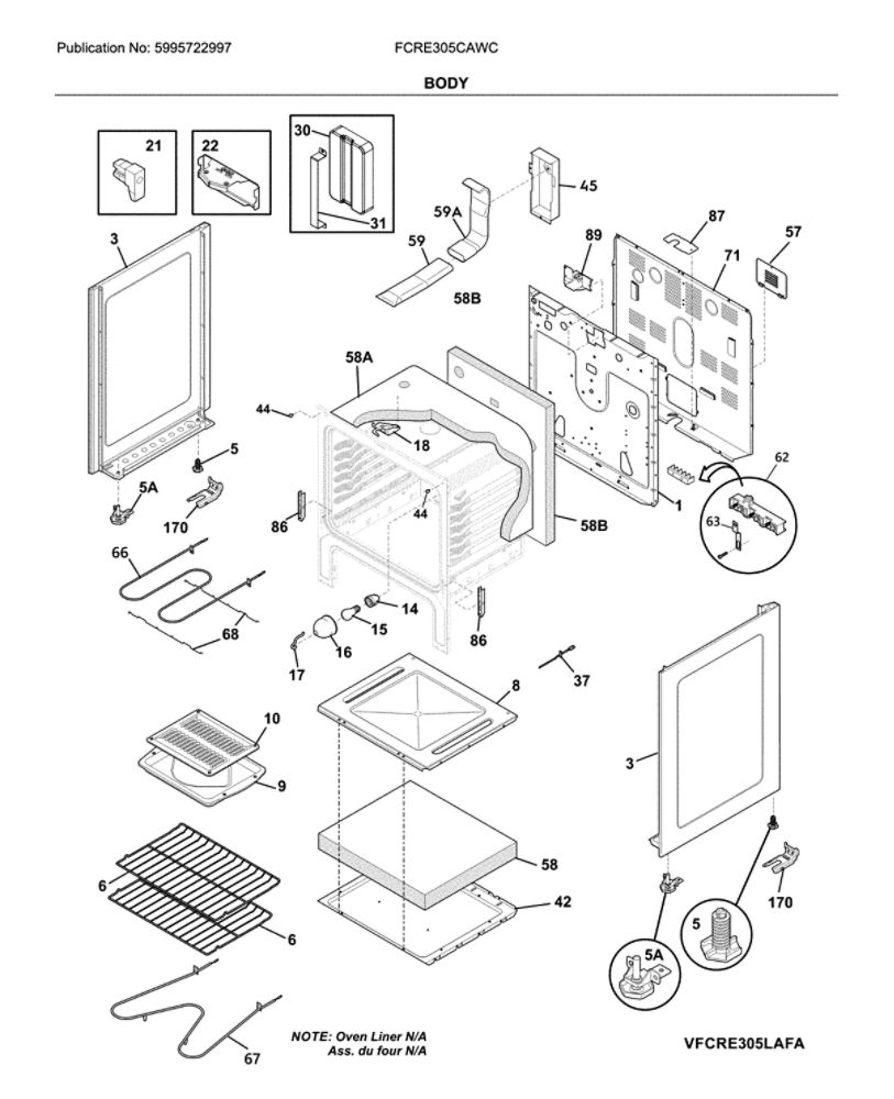 Body Diagram and Parts List for FCRE305CAWC  Frigidaire Range